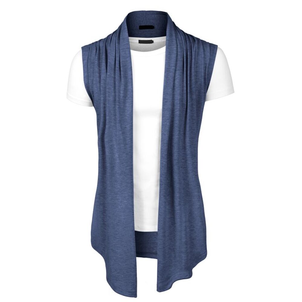 Ruffle Shawl Collar Cardigan Sleeveless Lightweight Vest Drape Cape Navy Blue